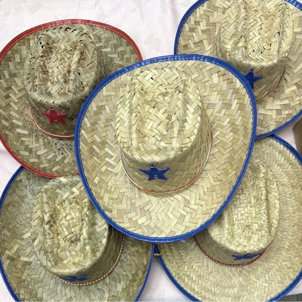 Set of 3 Straw Cowboy Hats for Kids - Sheriff Costume Red and Blue - Picture 8 of 10
